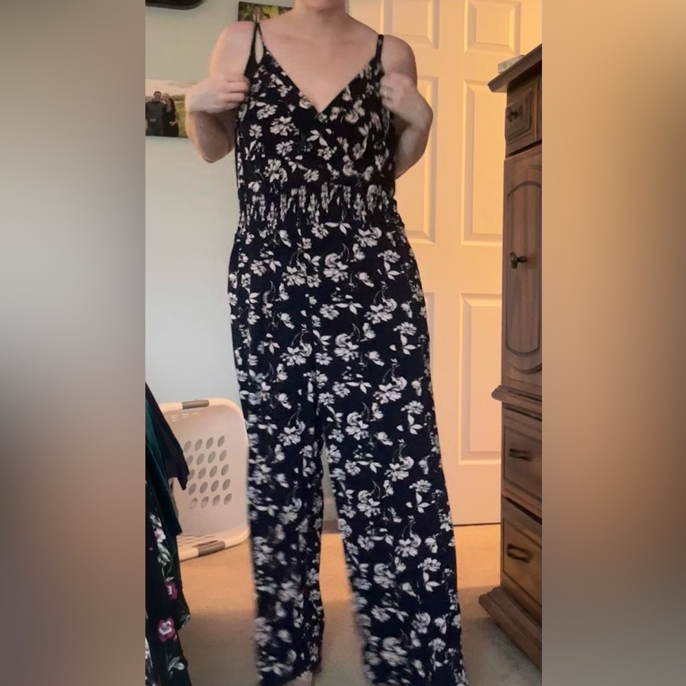 Kaileigh Floral Knit Wide-Leg Jumpsuit - Navy Size L